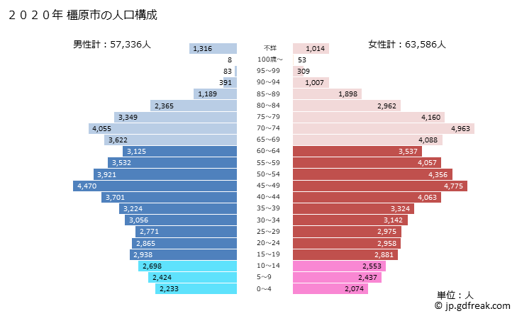 グラフ 橿原市(ｶｼﾊﾗｼ 奈良県)の人口と世帯 2020年の人口ピラミッド