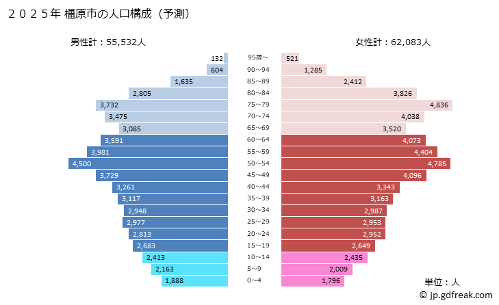 グラフ 橿原市(ｶｼﾊﾗｼ 奈良県)の人口と世帯 2025年の人口ピラミッド