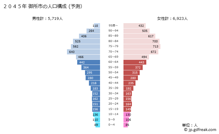 グラフ 御所市(ｺﾞｾｼ 奈良県)の人口と世帯 2045年の人口ピラミッド（予測）