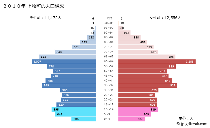グラフ 上牧町(ｶﾝﾏｷﾁｮｳ 奈良県)の人口と世帯 2010年の人口ピラミッド