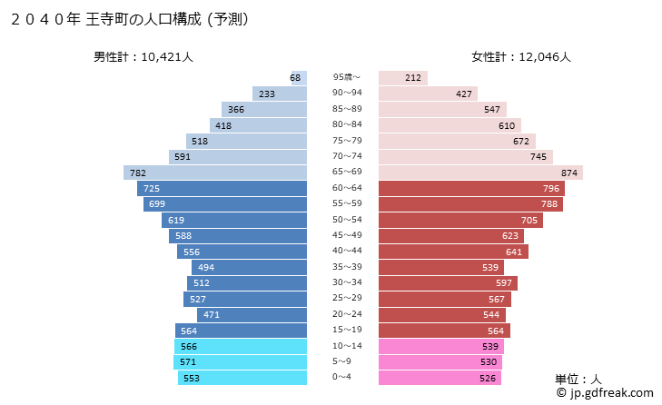 グラフ 王寺町(ｵｳｼﾞﾁｮｳ 奈良県)の人口と世帯 2040年の人口ピラミッド（予測）