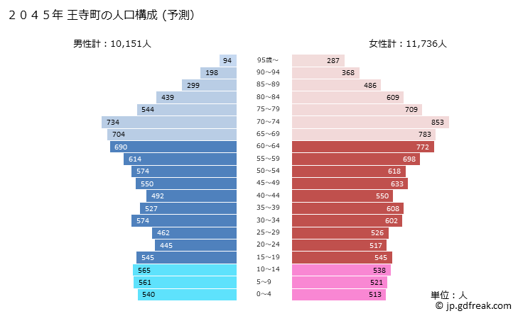 グラフ 王寺町(ｵｳｼﾞﾁｮｳ 奈良県)の人口と世帯 2045年の人口ピラミッド（予測）