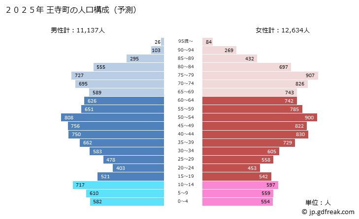 グラフ 王寺町(ｵｳｼﾞﾁｮｳ 奈良県)の人口と世帯 2025年の人口ピラミッド