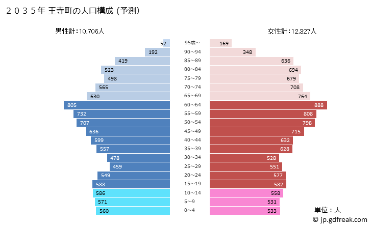 グラフ 王寺町(ｵｳｼﾞﾁｮｳ 奈良県)の人口と世帯 2035年の人口ピラミッド（予測）