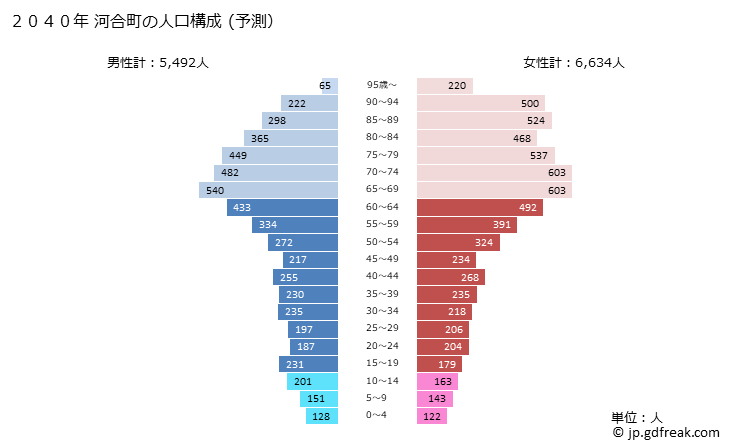 グラフ 河合町(ｶﾜｲﾁｮｳ 奈良県)の人口と世帯 2040年の人口ピラミッド（予測）