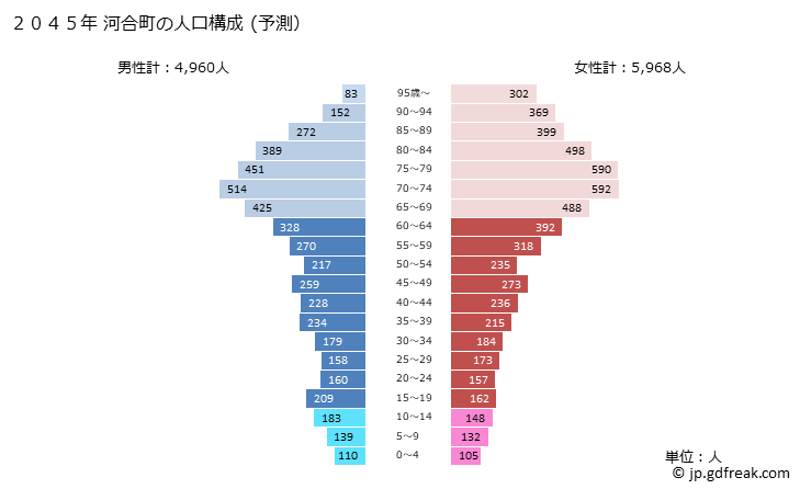 グラフ 河合町(ｶﾜｲﾁｮｳ 奈良県)の人口と世帯 2045年の人口ピラミッド（予測）