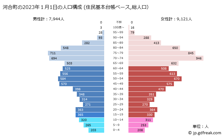グラフ 河合町(ｶﾜｲﾁｮｳ 奈良県)の人口と世帯 2023年の人口ピラミッド（住民基本台帳ベース）