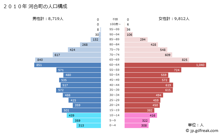 グラフ 河合町(ｶﾜｲﾁｮｳ 奈良県)の人口と世帯 2010年の人口ピラミッド