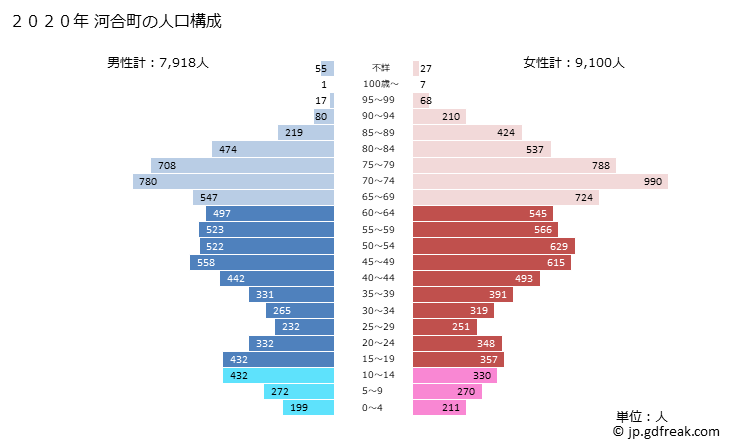 グラフ 河合町(ｶﾜｲﾁｮｳ 奈良県)の人口と世帯 2020年の人口ピラミッド