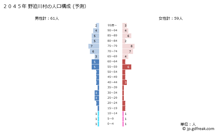 グラフ 野迫川村(ﾉｾｶﾞﾜﾑﾗ 奈良県)の人口と世帯 2045年の人口ピラミッド（予測）