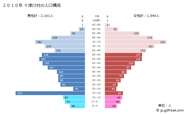 グラフ 十津川村(ﾄﾂｶﾜﾑﾗ 奈良県)の人口と世帯 2010年の人口ピラミッド