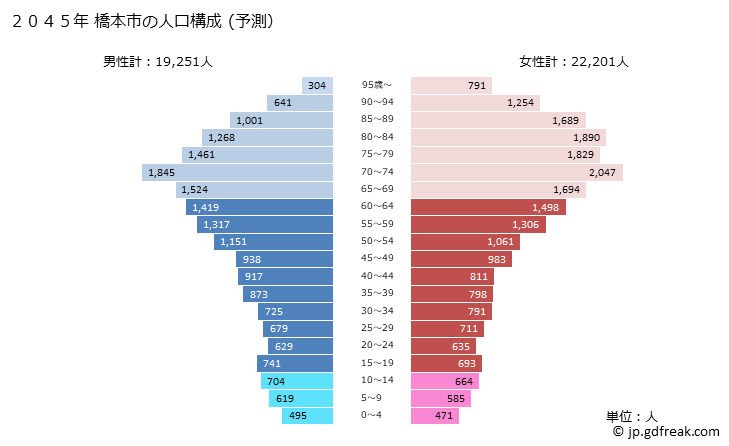 グラフ 橋本市(ﾊｼﾓﾄｼ 和歌山県)の人口と世帯 2045年の人口ピラミッド（予測）