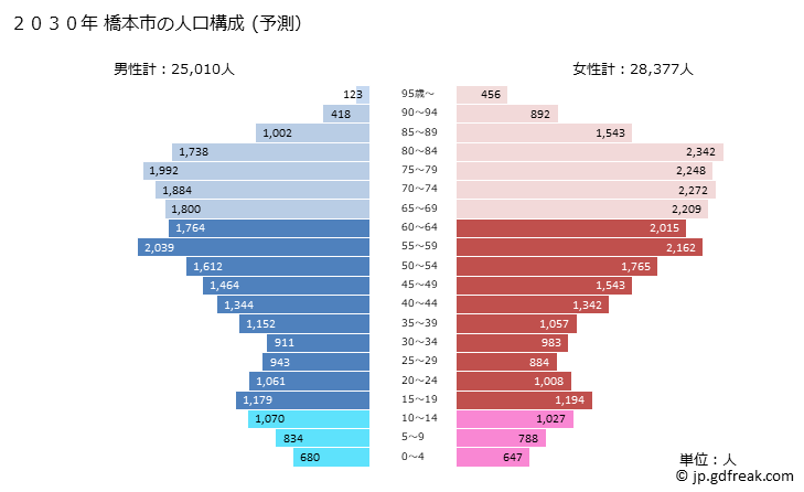 グラフ 橋本市(ﾊｼﾓﾄｼ 和歌山県)の人口と世帯 2030年の人口ピラミッド（予測）
