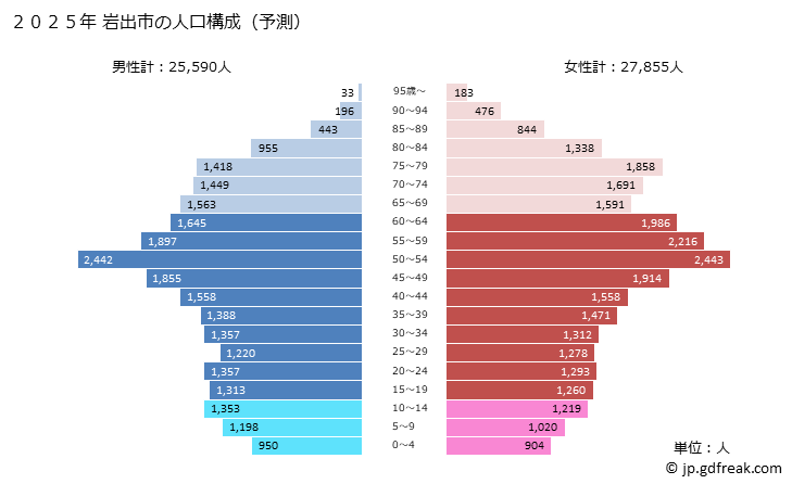グラフ 岩出市(ｲﾜﾃﾞｼ 和歌山県)の人口と世帯 2025年の人口ピラミッド