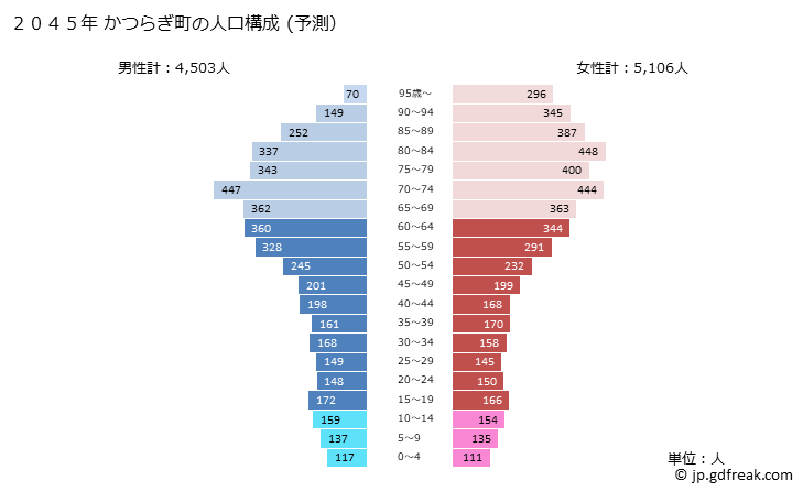 グラフ かつらぎ町(ｶﾂﾗｷﾞﾁｮｳ 和歌山県)の人口と世帯 2045年の人口ピラミッド（予測）