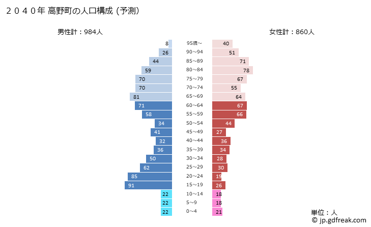 グラフ 高野町(ｺｳﾔﾁｮｳ 和歌山県)の人口と世帯 2040年の人口ピラミッド（予測）