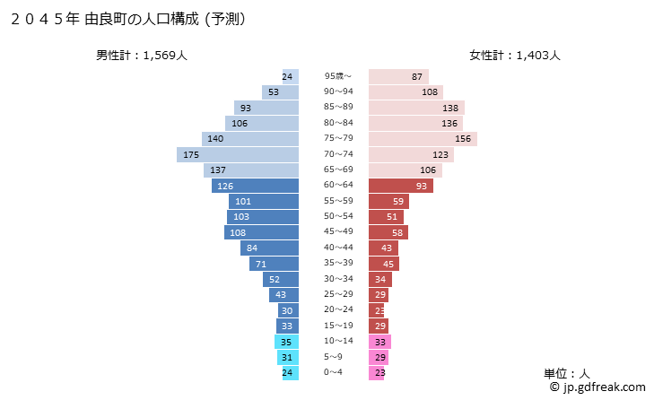 グラフ 由良町(ﾕﾗﾁｮｳ 和歌山県)の人口と世帯 2045年の人口ピラミッド（予測）