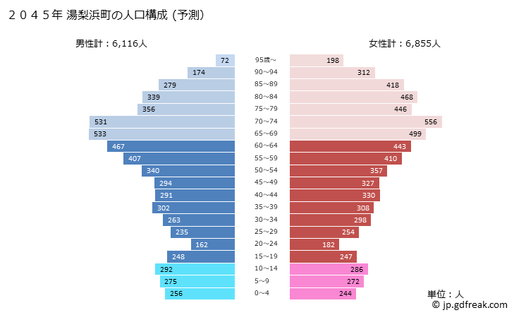グラフ 湯梨浜町(ﾕﾘﾊﾏﾁｮｳ 鳥取県)の人口と世帯 2045年の人口ピラミッド（予測）
