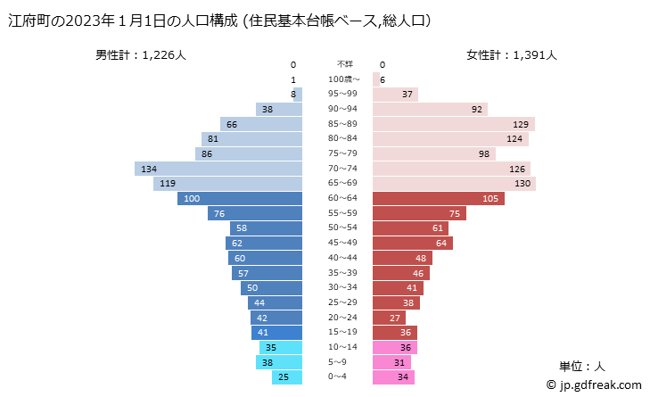 グラフ 江府町(ｺｳﾌﾁｮｳ 鳥取県)の人口と世帯 2023年の人口ピラミッド（住民基本台帳ベース）