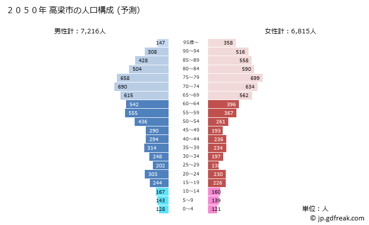 グラフ 高梁市(ﾀｶﾊｼｼ 岡山県)の人口と世帯 2050年の人口ピラミッド（予測）