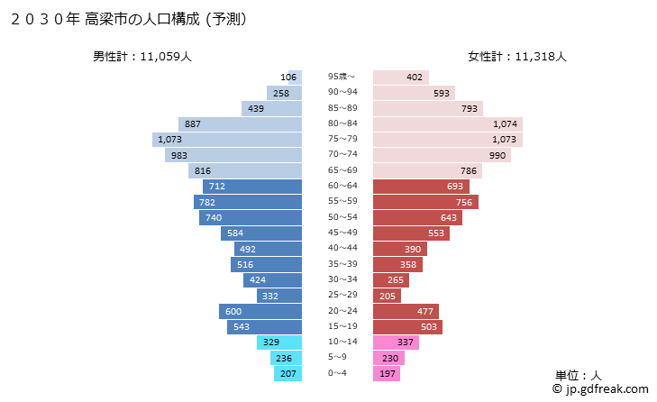 グラフ 高梁市(ﾀｶﾊｼｼ 岡山県)の人口と世帯 2030年の人口ピラミッド（予測）
