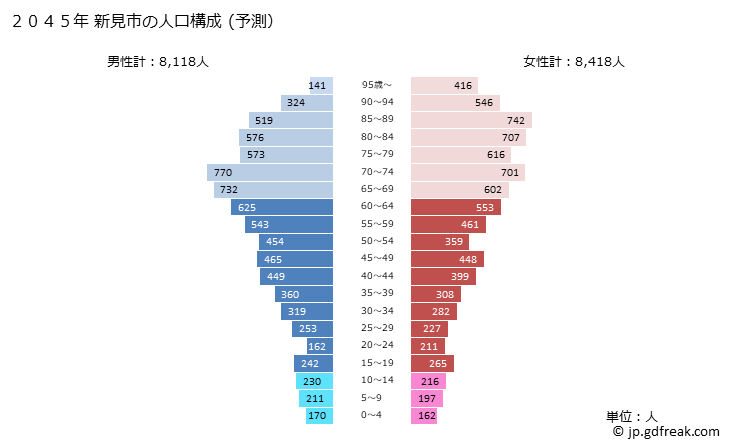 グラフ 新見市(ﾆｲﾐｼ 岡山県)の人口と世帯 2045年の人口ピラミッド（予測）