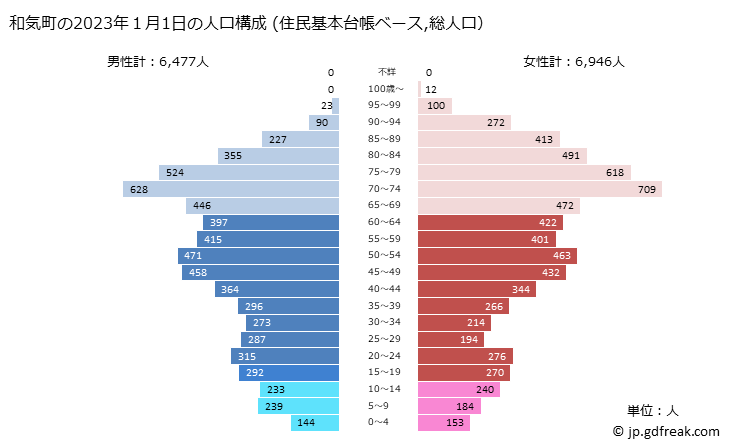 グラフ 和気町(ﾜｹﾁｮｳ 岡山県)の人口と世帯 2023年の人口ピラミッド（住民基本台帳ベース）