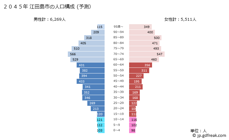 グラフ 江田島市(ｴﾀｼﾞﾏｼ 広島県)の人口と世帯 2045年の人口ピラミッド（予測）