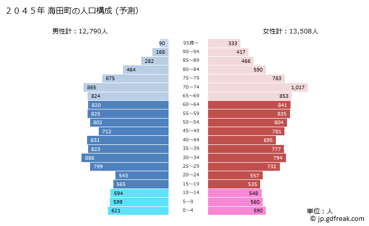 グラフ 海田町(ｶｲﾀﾁｮｳ 広島県)の人口と世帯 2045年の人口ピラミッド（予測）
