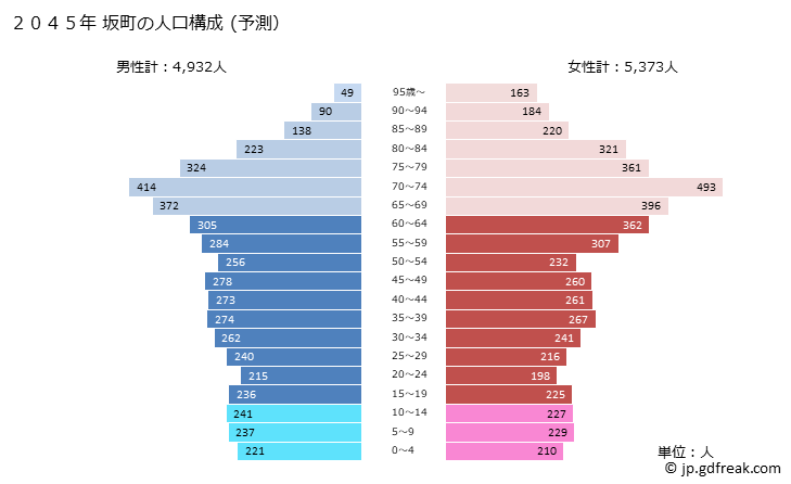 グラフ 坂町(ｻｶﾁｮｳ 広島県)の人口と世帯 2045年の人口ピラミッド（予測）