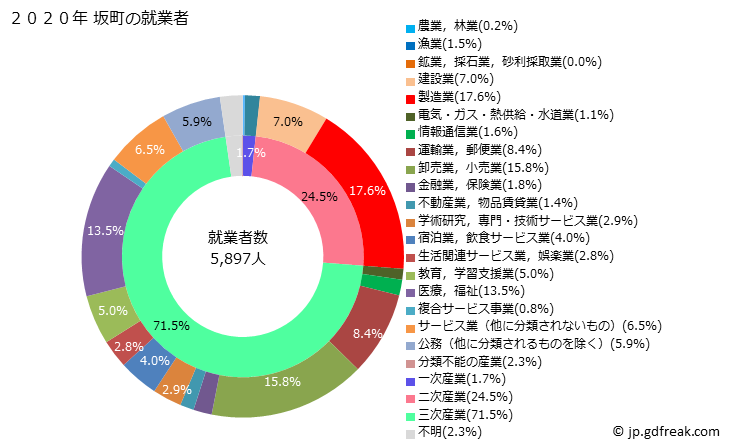 グラフ 坂町(ｻｶﾁｮｳ 広島県)の人口と世帯 就業者数とその産業構成