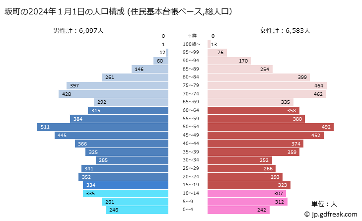 グラフ 坂町(ｻｶﾁｮｳ 広島県)の人口と世帯 2024年の人口ピラミッド（住民基本台帳ベース）