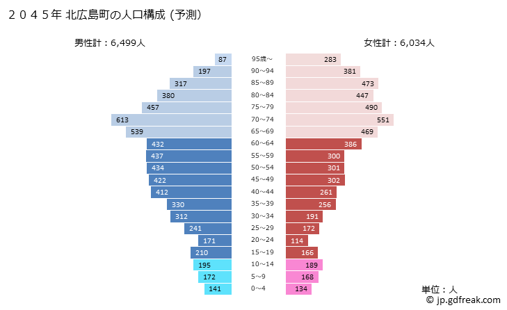 グラフ 北広島町(ｷﾀﾋﾛｼﾏﾁｮｳ 広島県)の人口と世帯 2045年の人口ピラミッド（予測）
