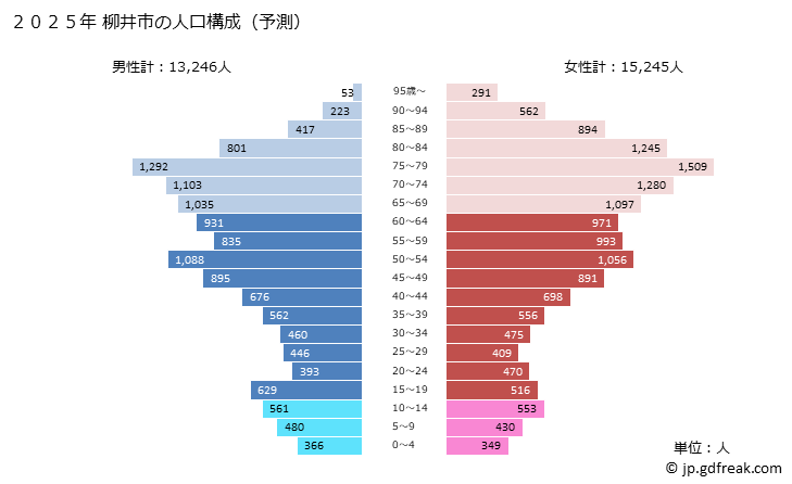グラフ 柳井市(ﾔﾅｲｼ 山口県)の人口と世帯 2025年の人口ピラミッド