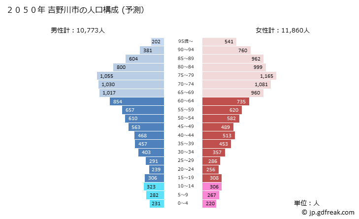 グラフ 吉野川市(ﾖｼﾉｶﾞﾜｼ 徳島県)の人口と世帯 2050年の人口ピラミッド（予測）