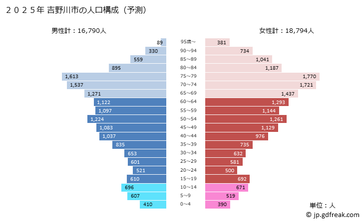 グラフ 吉野川市(ﾖｼﾉｶﾞﾜｼ 徳島県)の人口と世帯 2025年の人口ピラミッド