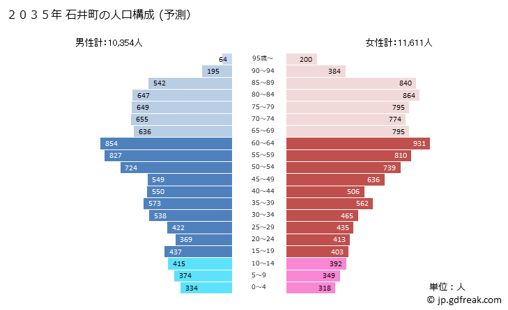グラフ 石井町(ｲｼｲﾁｮｳ 徳島県)の人口と世帯 2035年の人口ピラミッド（予測）