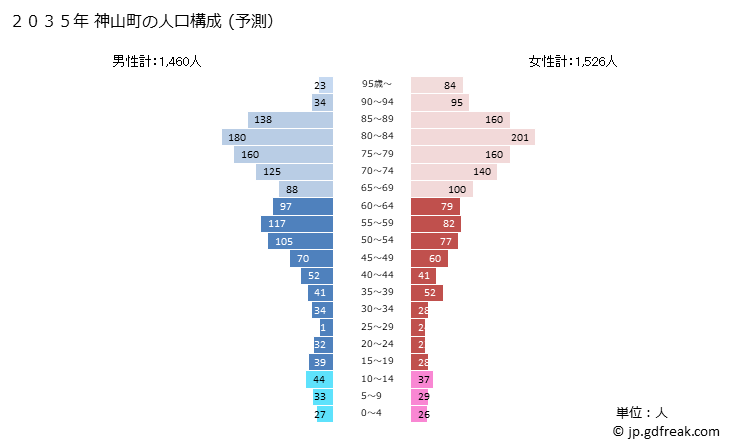 グラフ 神山町(ｶﾐﾔﾏﾁｮｳ 徳島県)の人口と世帯 2035年の人口ピラミッド（予測）
