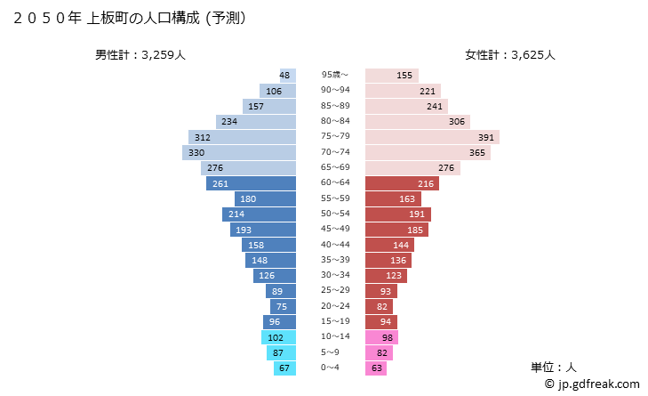 グラフ 上板町(ｶﾐｲﾀﾁｮｳ 徳島県)の人口と世帯 2050年の人口ピラミッド（予測）
