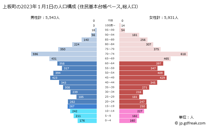 グラフ 上板町(ｶﾐｲﾀﾁｮｳ 徳島県)の人口と世帯 2023年の人口ピラミッド（住民基本台帳ベース）