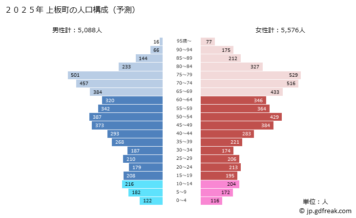 グラフ 上板町(ｶﾐｲﾀﾁｮｳ 徳島県)の人口と世帯 2025年の人口ピラミッド