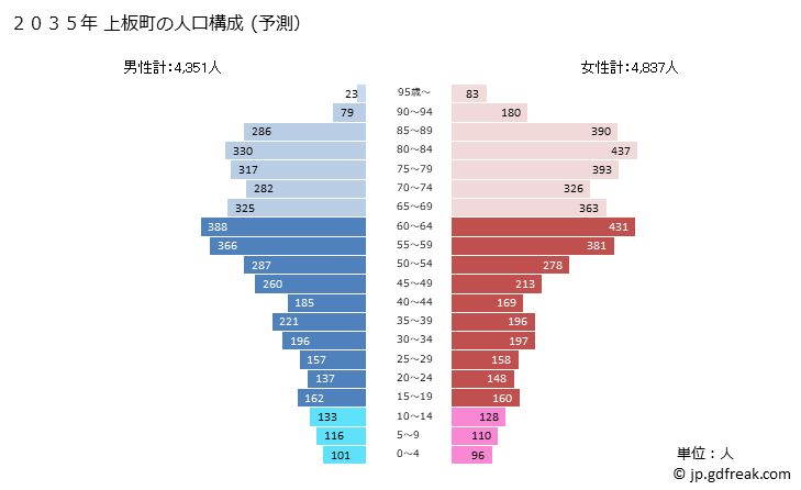 グラフ 上板町(ｶﾐｲﾀﾁｮｳ 徳島県)の人口と世帯 2035年の人口ピラミッド（予測）