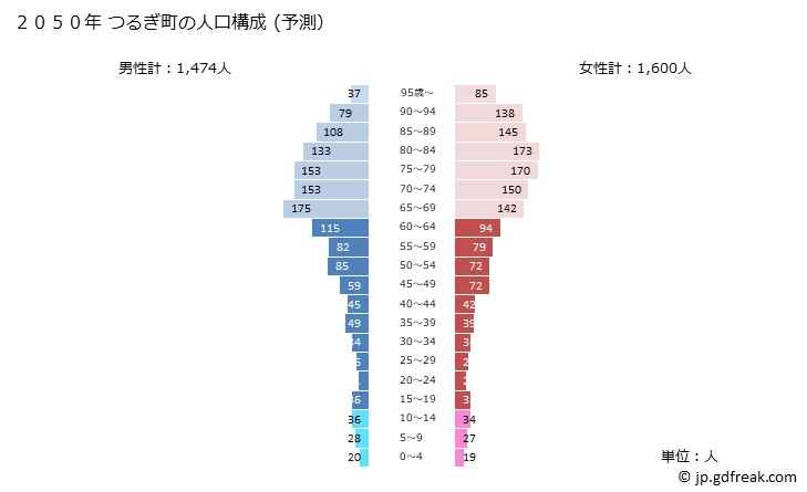 グラフ つるぎ町(ﾂﾙｷﾞﾁｮｳ 徳島県)の人口と世帯 2050年の人口ピラミッド（予測）