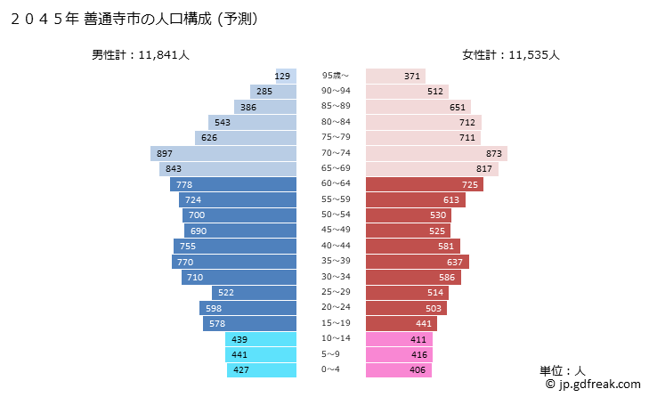 グラフ 善通寺市(ｾﾞﾝﾂｳｼﾞｼ 香川県)の人口と世帯 2045年の人口ピラミッド（予測）