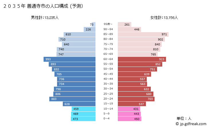 グラフ 善通寺市(ｾﾞﾝﾂｳｼﾞｼ 香川県)の人口と世帯 2035年の人口ピラミッド（予測）