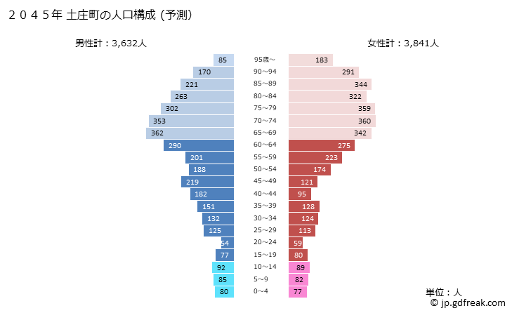 グラフ 土庄町(ﾄﾉｼｮｳﾁｮｳ 香川県)の人口と世帯 2045年の人口ピラミッド（予測）