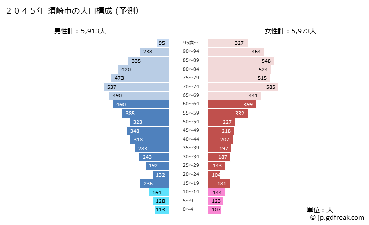 グラフ 須崎市(ｽｻｷｼ 高知県)の人口と世帯 2045年の人口ピラミッド（予測）
