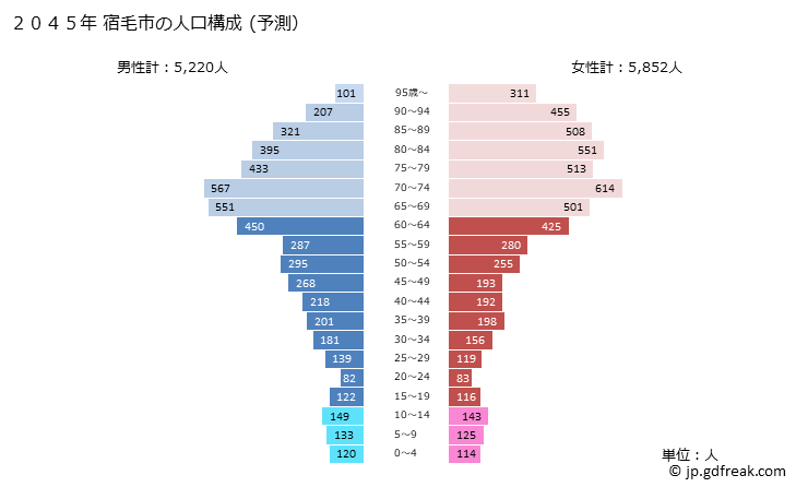 グラフ 宿毛市(ｽｸﾓｼ 高知県)の人口と世帯 2045年の人口ピラミッド（予測）