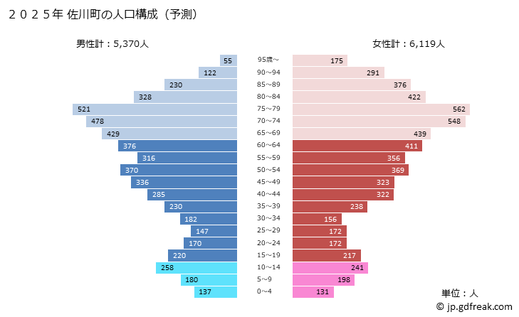 グラフ 佐川町(ｻｶﾜﾁｮｳ 高知県)の人口と世帯 2025年の人口ピラミッド