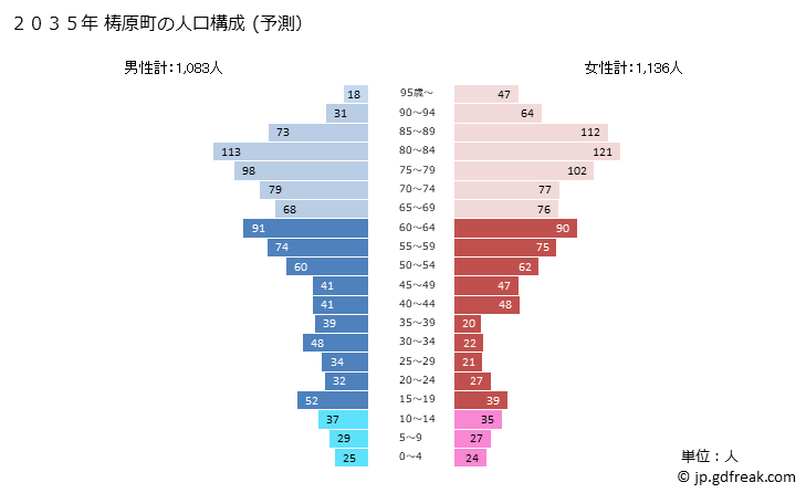 グラフ 梼原町(ﾕｽﾊﾗﾁｮｳ 高知県)の人口と世帯 2035年の人口ピラミッド（予測）